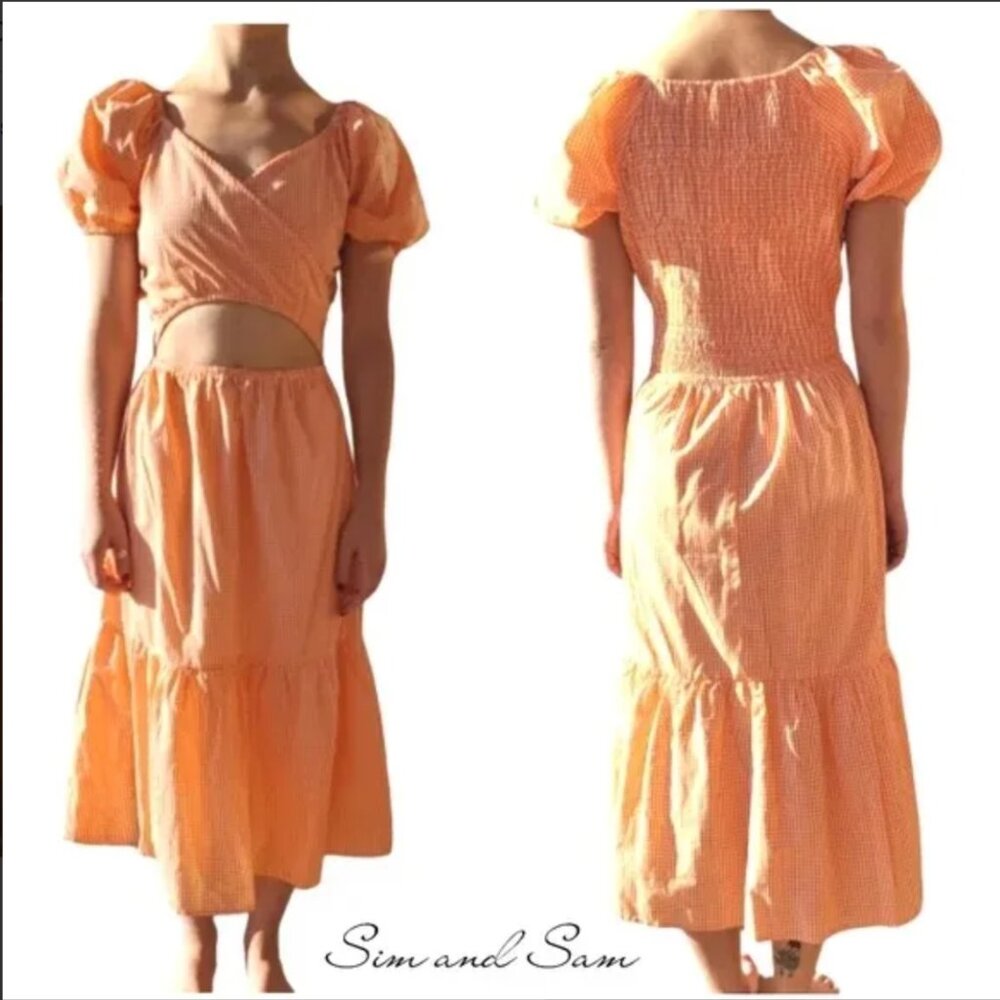 Sim and Sam Cutout Orange Gingham Dress Women's Large Stretch Midi